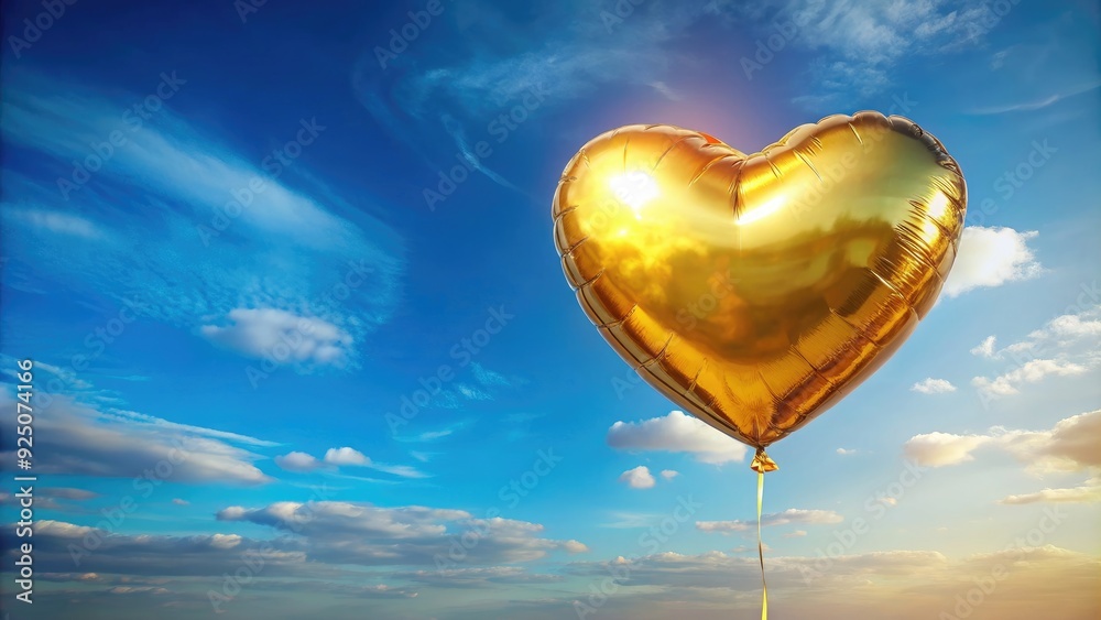 Fototapeta premium Shiny golden heart-shaped balloon floating against clear blue sky, symbolizing love and celebration, love, joy, celebration, romance