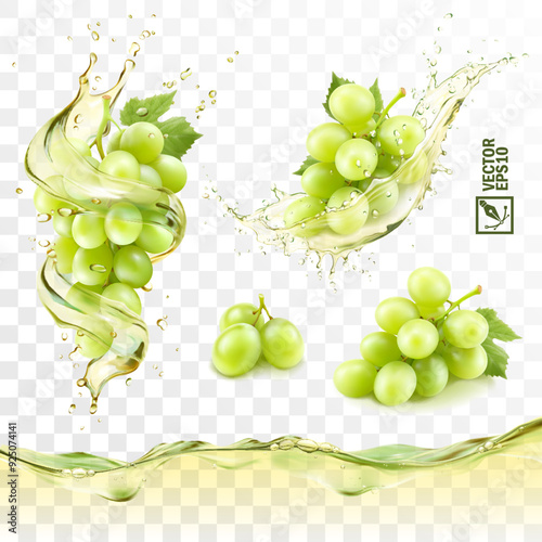 Realistic transparent isolated vector splash of wine or grape juice with green grapes branch
