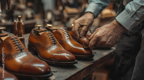 Bespoke leather shoes being handcrafted by a master cobbler in a workshop