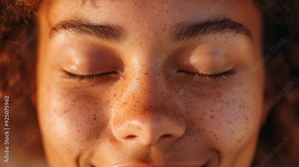 Fototapeta premium Close-up of a personâs face with closed eyes, a gentle smile indicating inner peace and healing