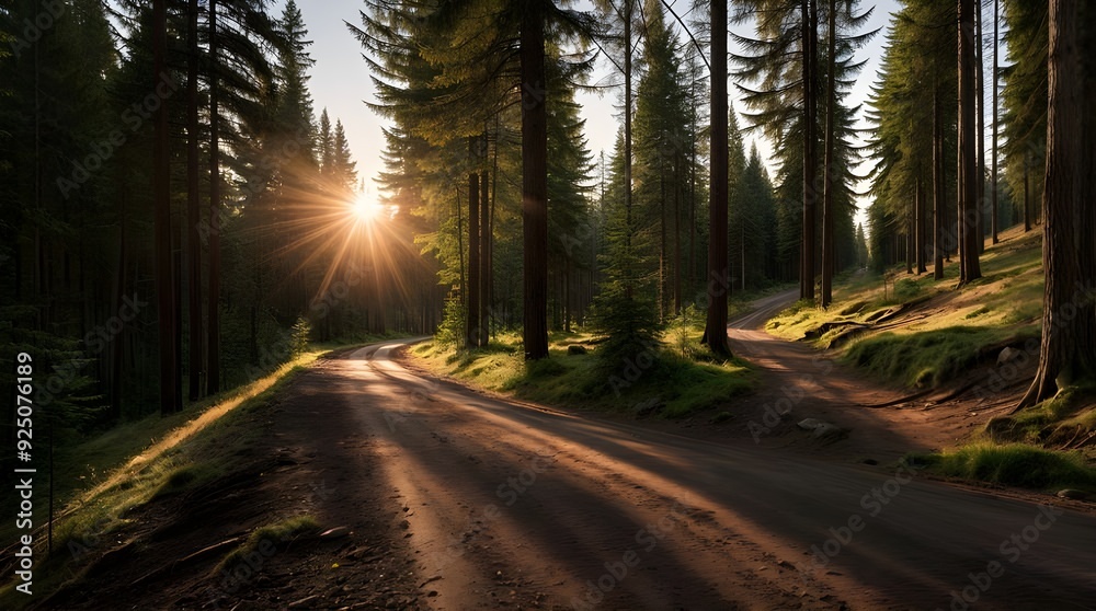 Fototapeta premium Winding Dirt Road Through a Serene Forest at Sunset
