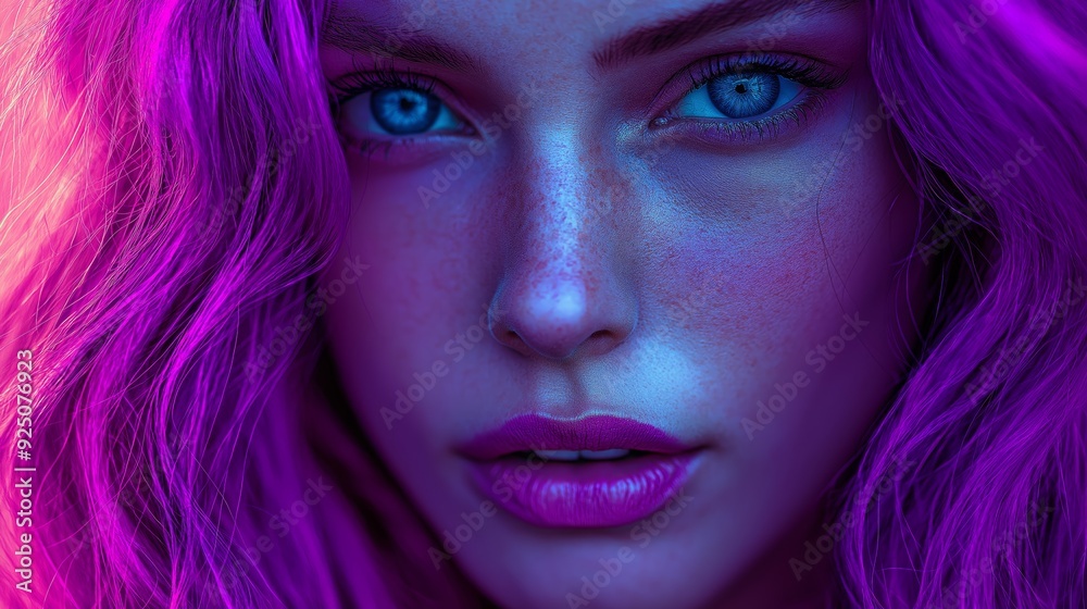 A woman with vivid purple hair and captivating blue eyes gazes directly, highlighting her unique look and allure. A woman with vivid purple hair and captivating blue eyes gazes directly, highlighting her unique look and allure.
