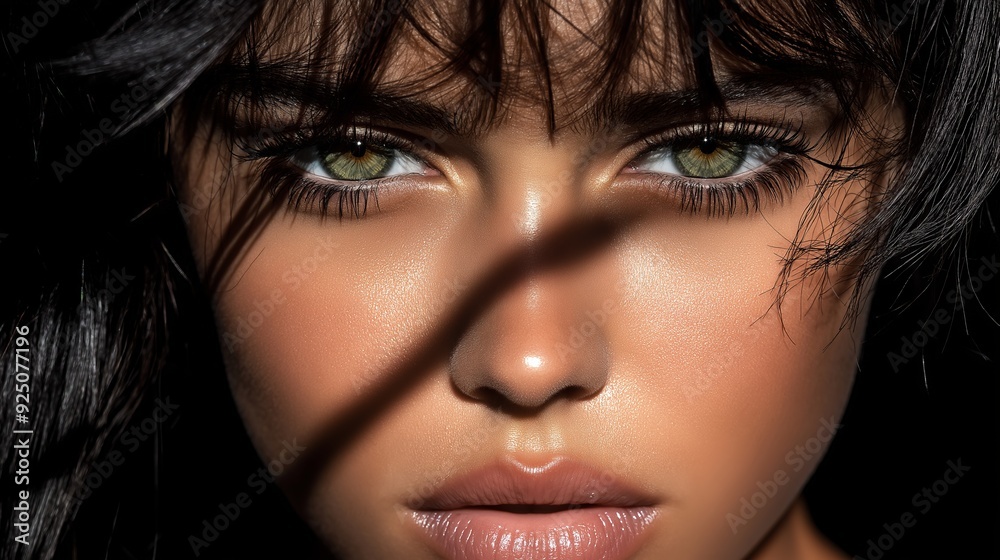 A woman gazes intensely at the camera, her striking green eyes enhanced by deep shadows across her face.