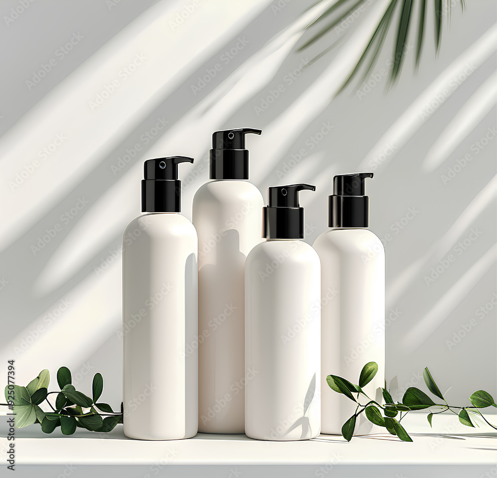 set of cosmetic bottles with leaves set of cosmetic bottles with leaves