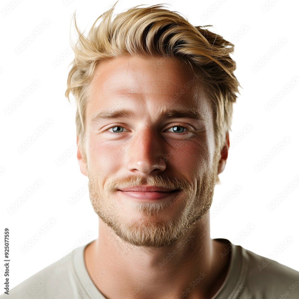 Portrait of handsome blonde European male model looking with a smile on face, isolated on transparent background. Attractive masculine model, blond hair. Design element for poster, publicity. Portrait of handsome blonde European male model looking with a smile on face, isolated on transparent background. Attractive masculine model, blond hair. Design element for poster, publicity.