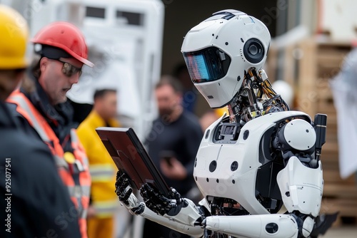 A humanoid robot working alongside human emergency responders in a disaster scenario, providing real-time situational analysis, assisting in search and rescue operations, and ensuring efficient coordi