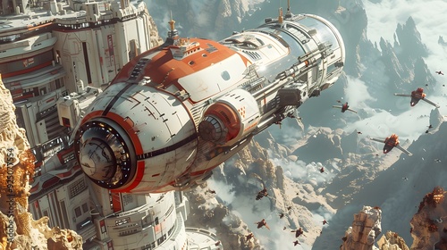 Futuristic Spaceship Docked at a Space Station.