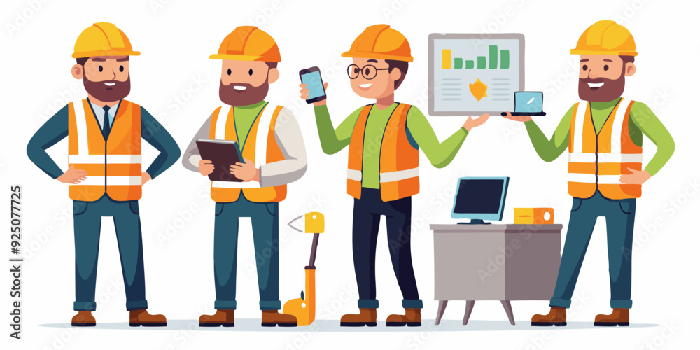 Construction engineer man in a helmet and signal vest. Worker in different poses and actions. Foreman with a tablet, at desktop, rear view
Construction engineer man in a helmet and signal vest. Worker in different poses and actions. Foreman with a tablet, at desktop, rear view