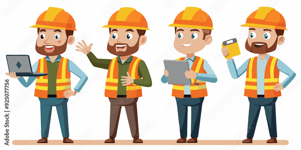 Construction engineer man in a helmet and signal vest. Worker in different poses and actions. Foreman with a tablet, at desktop, rear view
Construction engineer man in a helmet and signal vest. Worker in different poses and actions. Foreman with a tablet, at desktop, rear view