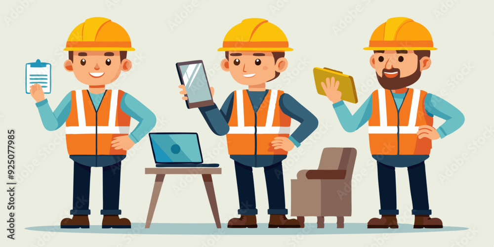Construction engineer man in a helmet and signal vest. Worker in different poses and actions. Foreman with a tablet, at desktop, rear view
Construction engineer man in a helmet and signal vest. Worker in different poses and actions. Foreman with a tablet, at desktop, rear view