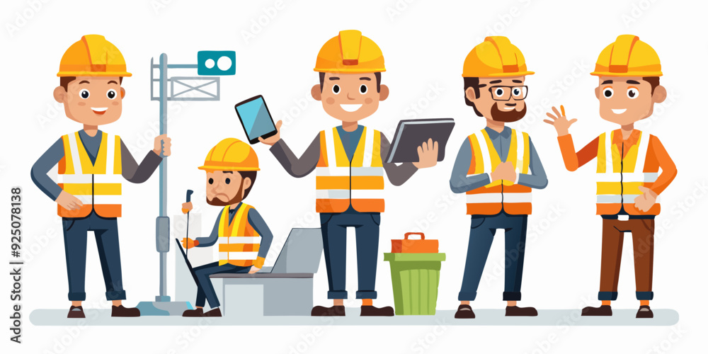 Construction engineer man in a helmet and signal vest. Worker in different poses and actions. Foreman with a tablet, at desktop, rear view
Construction engineer man in a helmet and signal vest. Worker in different poses and actions. Foreman with a tablet, at desktop, rear view