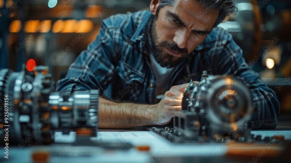 A focused man is designing a machine in a workshop using gears and blueprints, showcasing craftsmanship and engineering skill. A focused man is designing a machine in a workshop using gears and blueprints, showcasing craftsmanship and engineering skill.