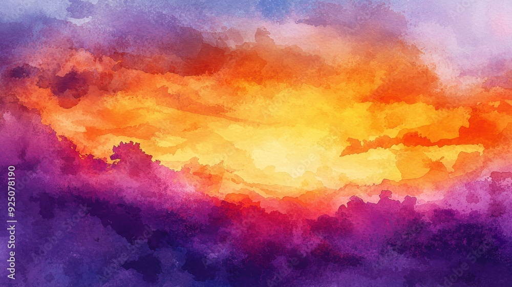 A painting of a sunset with a purple and orange sky A painting of a sunset with a purple and orange sky