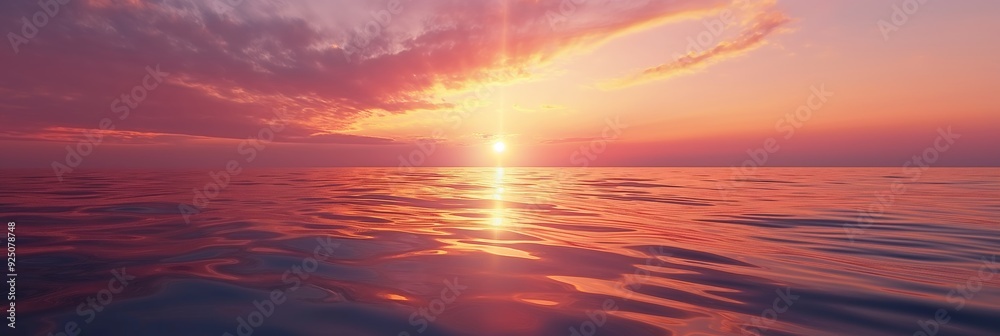 A captivating image of the sun setting over an ocean, with clouds beautifully reflected on the water surface, creating a stunning view. A captivating image of the sun setting over an ocean, with clouds beautifully reflected on the water surface, creating a stunning view.