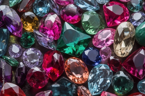 Background of assorted glittering gemstones, showcasing a vibrant mix of colors and sparkling facets
