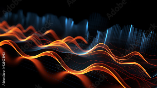 Floating 3d analog digital geometrical waves in blue and orange color