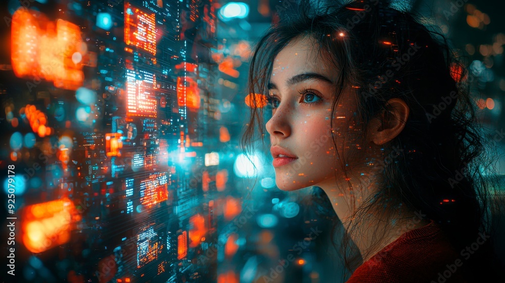 A woman surrounded by digital screens and holograms symbolizing the depth of knowledge in the age of AI.