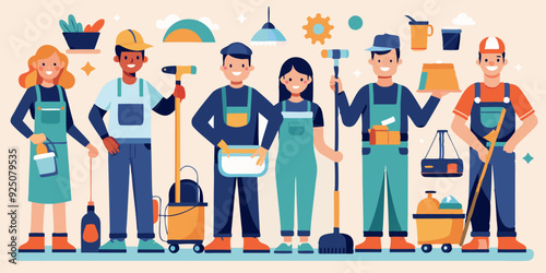 Set of cleaning service employees and equipment and tools for cleaning premises. Cleaning order
