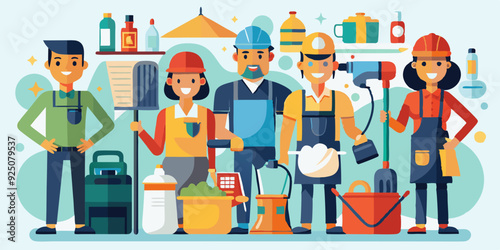 Set of cleaning service employees and equipment and tools for cleaning premises. Cleaning order
