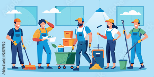 Set of cleaning service employees and equipment and tools for cleaning premises. Cleaning order
