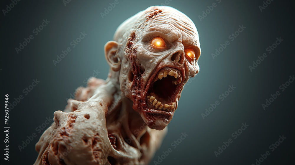Naklejka premium Close-up of a terrifying undead creature with glowing eyes, decayed flesh, and sharp teeth, depicted in a highly detailed and realistic manner.