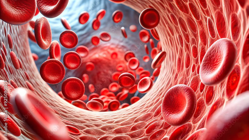 Fototapeta premium Red Blood Cell in an artery, Blood Flow, medical human health-care Concept Background, 3d rendering
