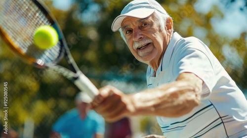 Senior man playing tennis close-up action shot 