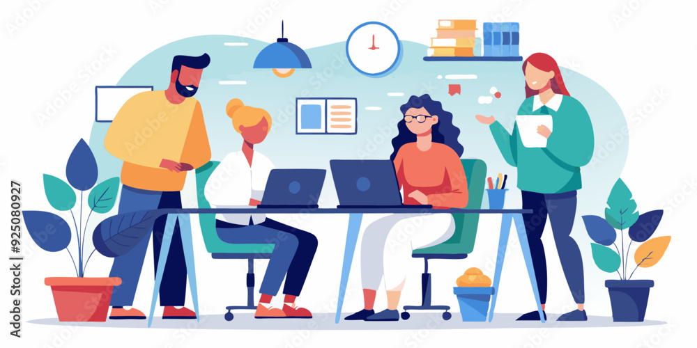 Teamwork. A team of colleagues discuss and carry out a project. Employees of the company together at the desktop
Teamwork. A team of colleagues discuss and carry out a project. Employees of the company together at the desktop