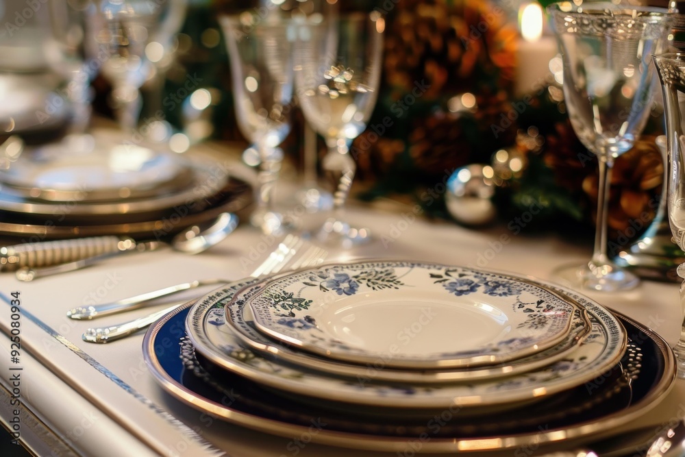 Elegant christmas table setting with fine china and crystal glasses waiting for the guests to arrive for dinner