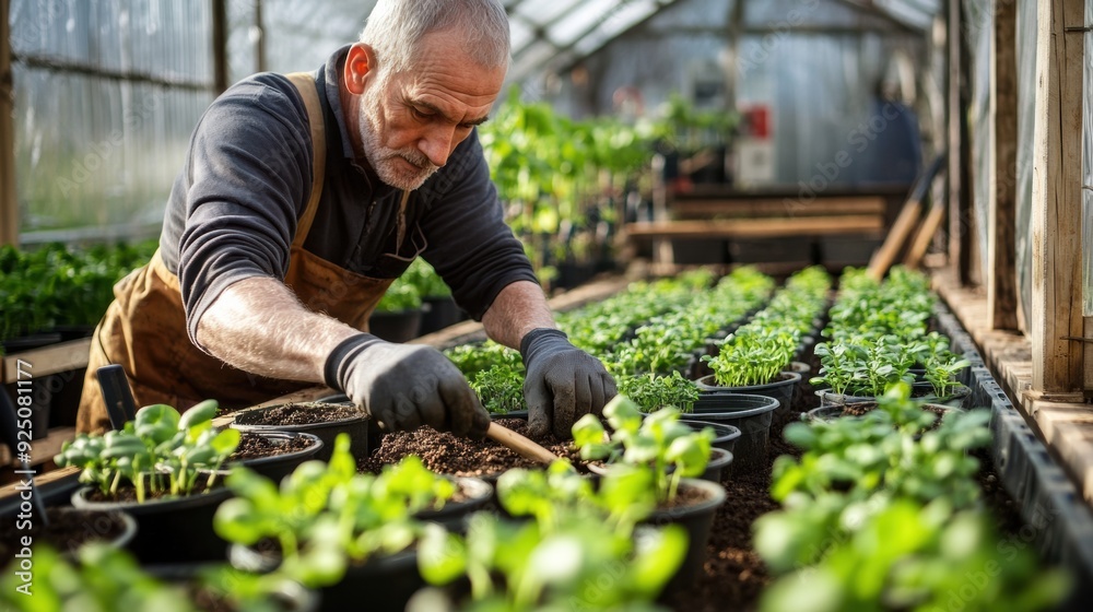 Fototapeta premium Elderly man tending to plants in greenhouse 
