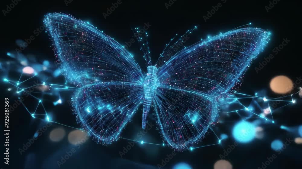 A high-tech flower and butterfly featuring glowing digital circuits and lights on a dark, blurred background. Concept of technology and nature fusion