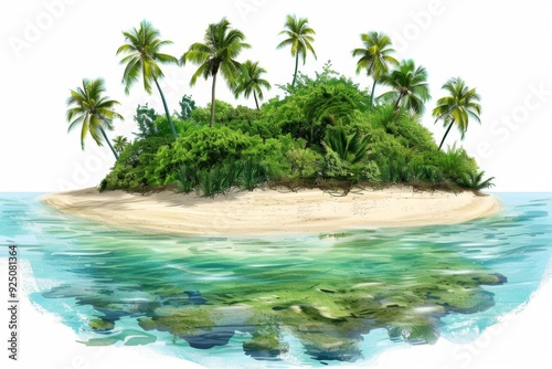 A serene illustration of a tropical island with crystal clear waters and white sandy beach, perfect for a relaxing getaway. The island is surrounded by lush greenery and vibrant flowers.
