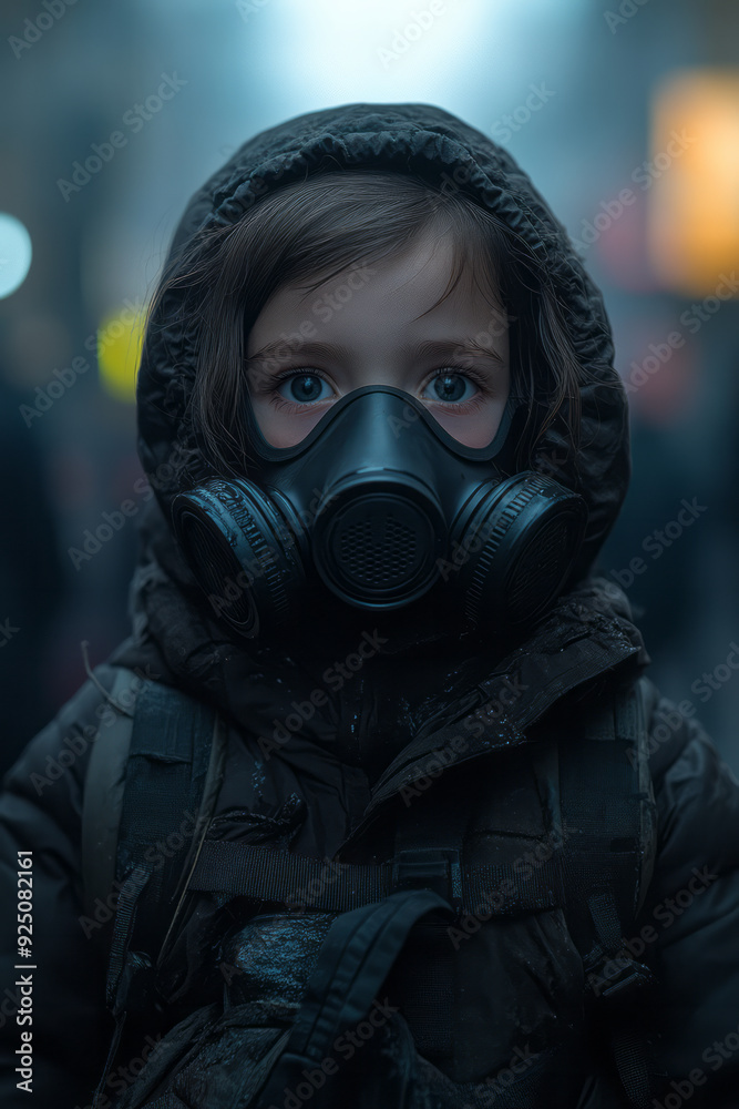 A child wearing a gas mask while playing in a smog-filled city, highlighting the dangers of air pollution, A child wearing a gas mask while playing in a smog-filled city, highlighting the dangers of air pollution,