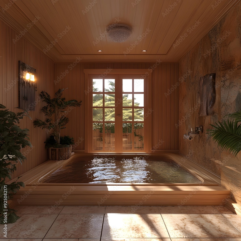 Fototapeta premium Wooden Hot Tub with Natural Light and Plants in a Relaxing Spa Environment