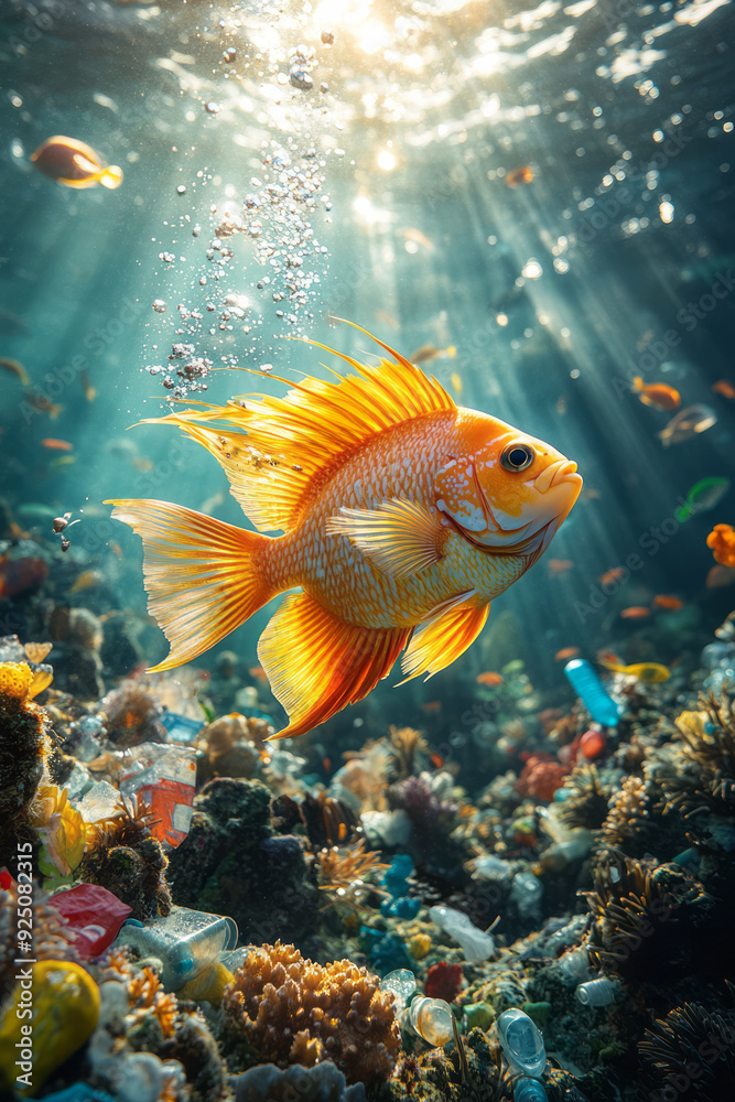 A fish swimming in a coral reef surrounded by plastic waste, highlighting the impact of pollution on marine life, A fish swimming in a coral reef surrounded by plastic waste, highlighting the impact of pollution on marine life,