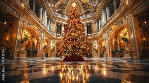 A majestic Christmas tree decorated with red and gold ornaments stands in the opulent hall of a lavishly adorned palace.