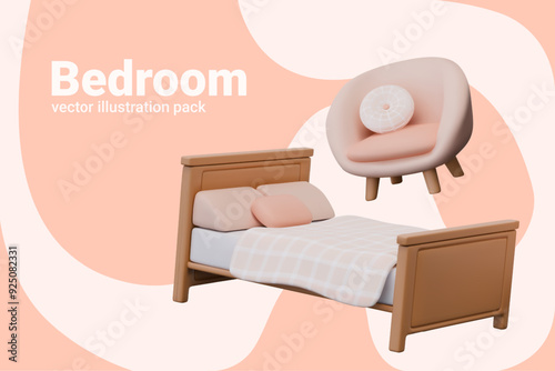 Set of cute 3D furniture for cozy bedroom. Interior elements for rest and relaxation concepts