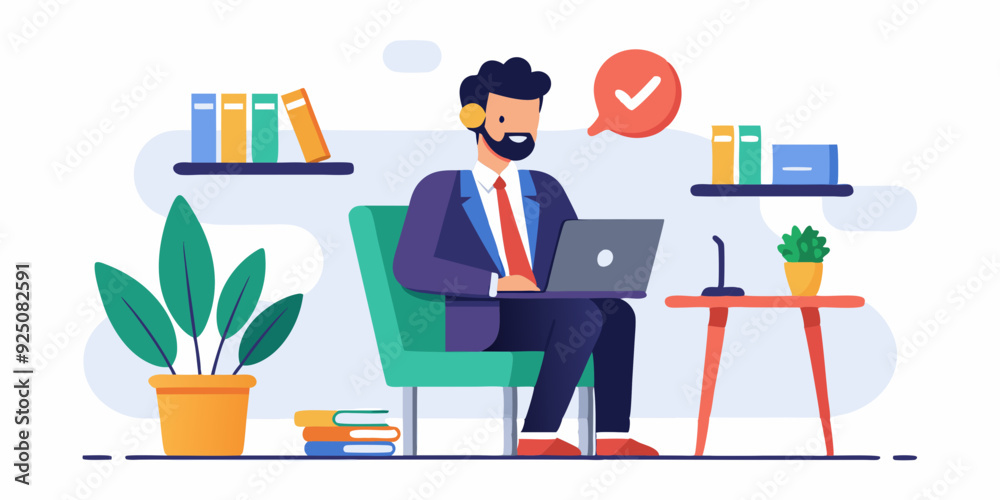 Business man works at a laptop and makes calls while sitting in a chair on a white background. Internet work. Vector illustration
Business man works at a laptop and makes calls while sitting in a chair on a white background. Internet work. Vector illustration