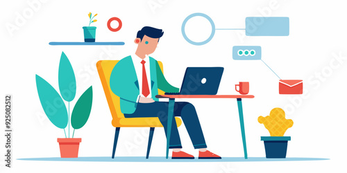 Business man works at a laptop and makes calls while sitting in a chair on a white background. Internet work. Vector illustration
