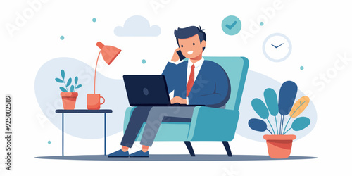 Business man works at a laptop and makes calls while sitting in a chair on a white background. Internet work. Vector illustration
