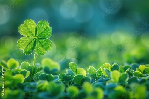 Green clover leaves on a blurred background. photo