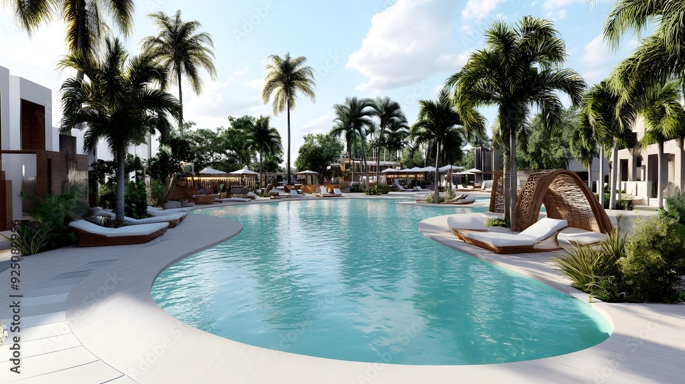 Fototapeta premium Tropical Resort Swimming Pool with Palm Trees and Lounge Chairs