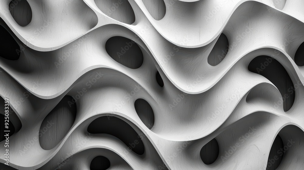 The image is a black and white photo of a wave with many holes in it