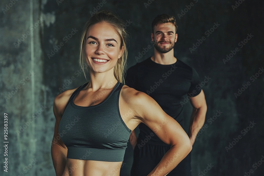 Obraz premium portrait of a young fit male and female couple at the gym, gym couple, athletic couple, healthy, fitness