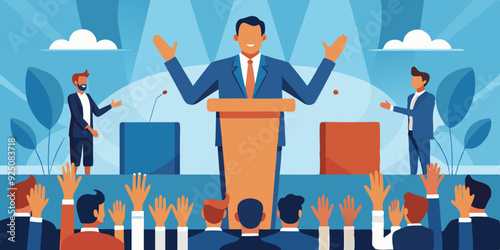 Speech by a politician or businessman at the podium in front of an audience. Speaker. Election promise, candidate for parliament
