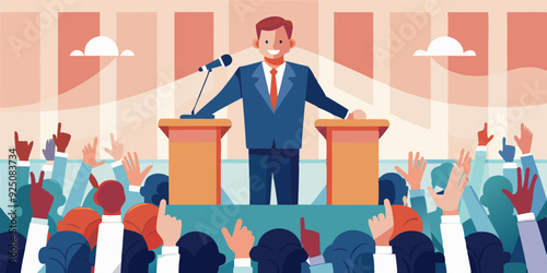 Speech by a politician or businessman at the podium in front of an audience. Speaker. Election promise, candidate for parliament
