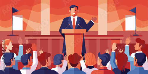 Speech by a politician or businessman at the podium in front of an audience. Speaker. Election promise, candidate for parliament
