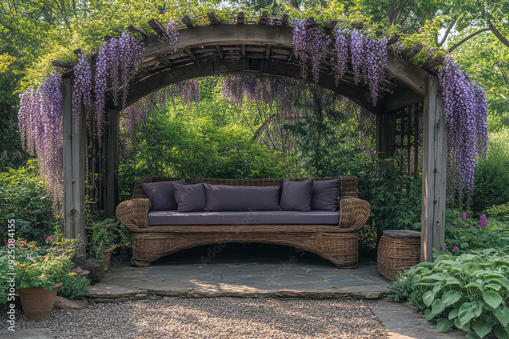 Obraz premium A charming garden nook with a rustic bench under a canopy of wisteria, perfect for a quiet summer reading retreat,