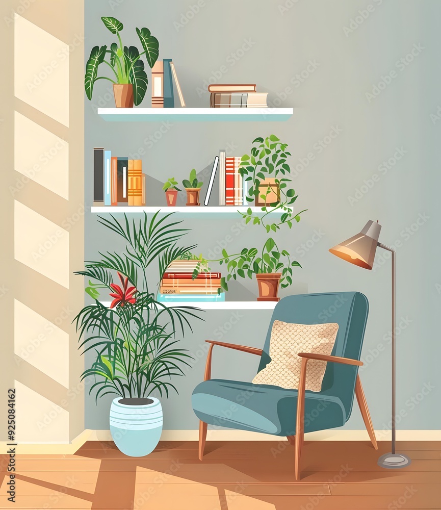 Cozy Living Room with Armchair and Bookshelf Cozy Living Room with Armchair and Bookshelf