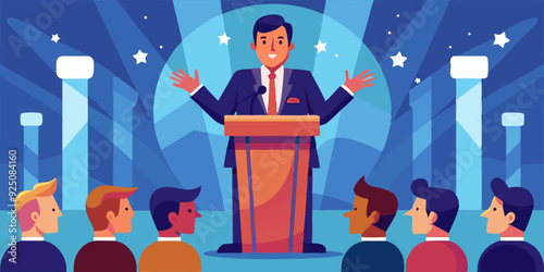 Speech by a politician or businessman at the podium in front of an audience. Speaker. Election promise, candidate for parliament
